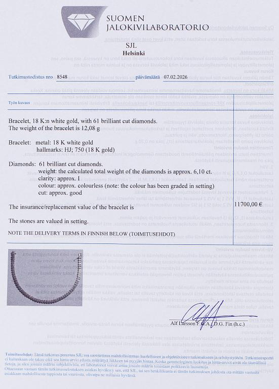 Tennisrannekoru, 18K valkokultaa, briljanttihiottuja timantteja.