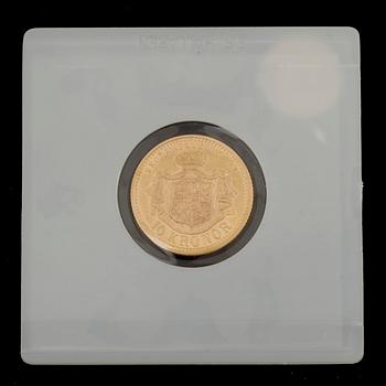 GULDMYNT, 10 Kronor, Oscar II, Sverige-Norge 1877. Vikt ca 4 gram.