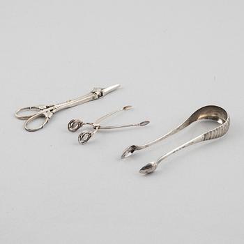 Three silver tongs, Sweden and Denmark, 1834-1923.