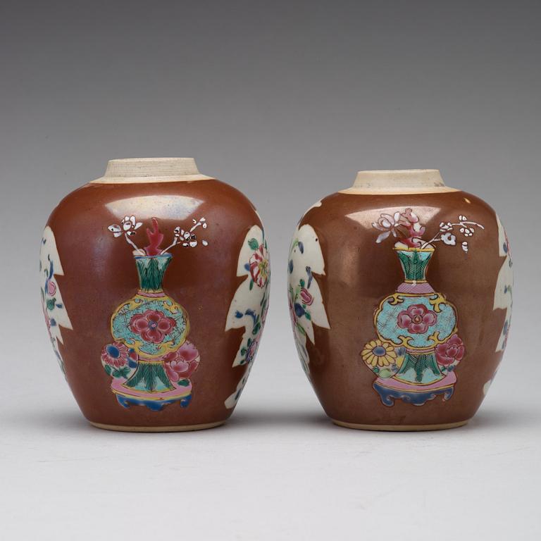 A pair of famille rose and cappuciner brown jars, Qing dynasty, Qianlong (1736-95).
