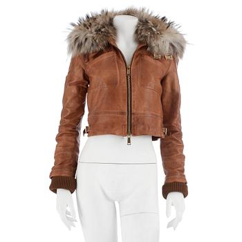 382. DSQUARED, a brown leather jacket with a detachable fur collar. Size 40.