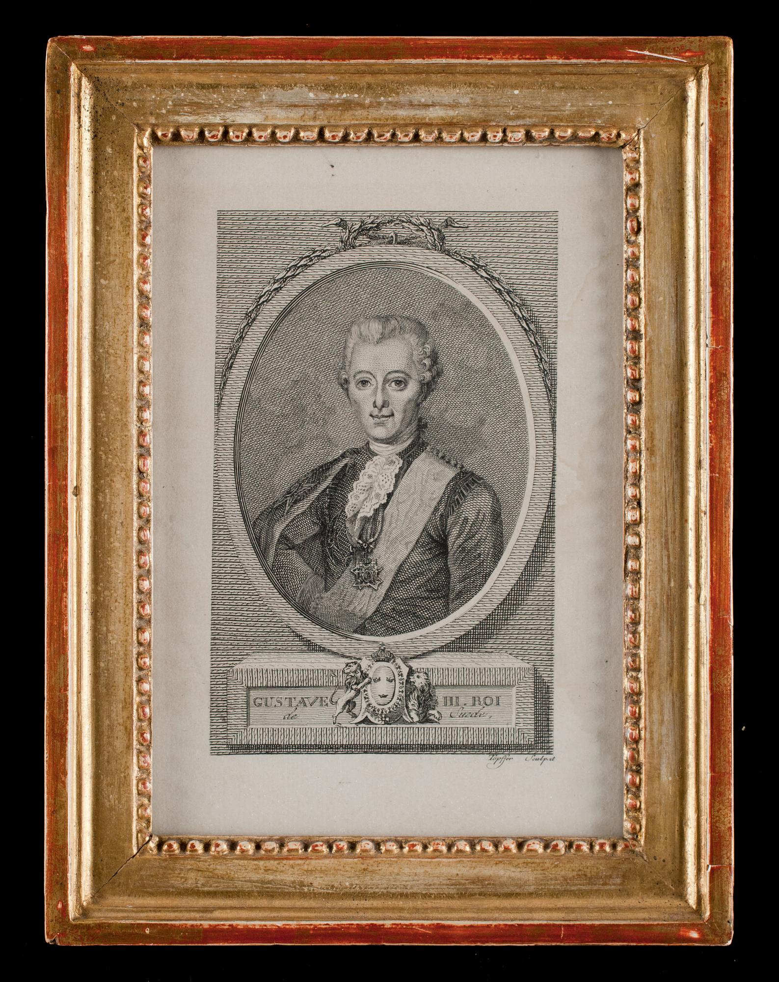 KOLORERAD GRAVYR, föreställande Gustav III. Ram i gustaviansk stil.