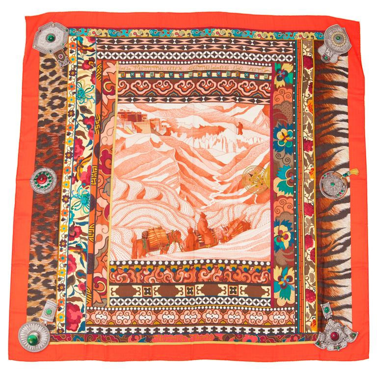 HERMÈS, a silk and cashmere shawl, "La femme aux semelles de vent".