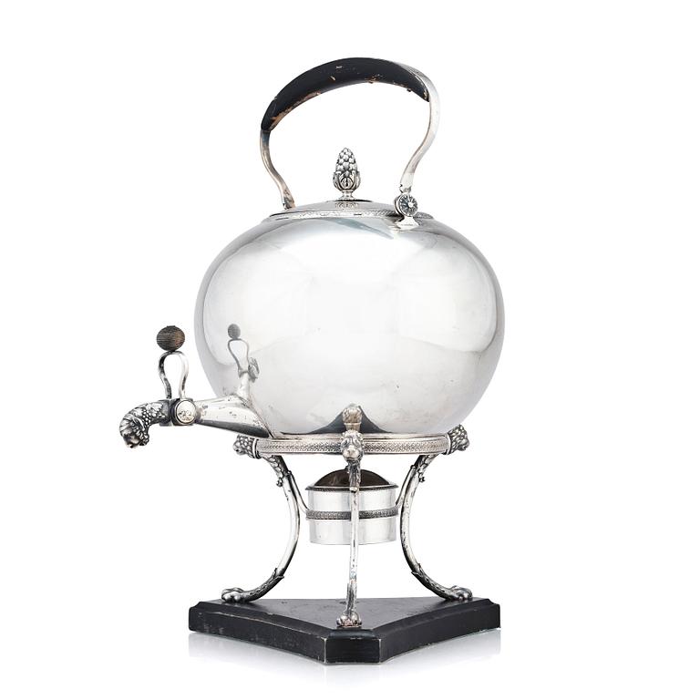 A Swedish 19th century silver tea-urn with stand and burner, mark of Gustaf Möllenborg, Stockholm 1826.