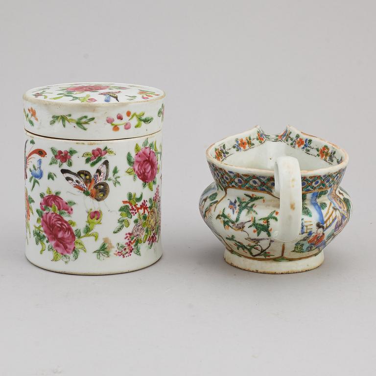 A group of three famille rose dish, jug and jar with cover, Qing dynasty, late 19th century.