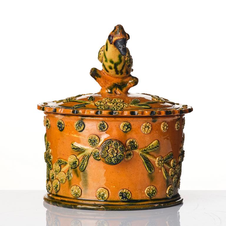 Skål med lock, glaserat lergods, troligen Frankrike, 1800-tal.