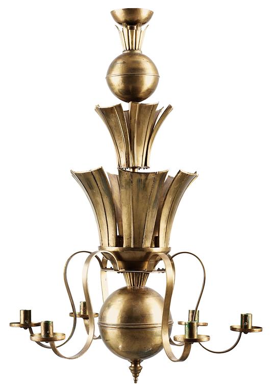 A 1920's-30's brass chandelier, attributed to Knut Hallgren, Stockholm.