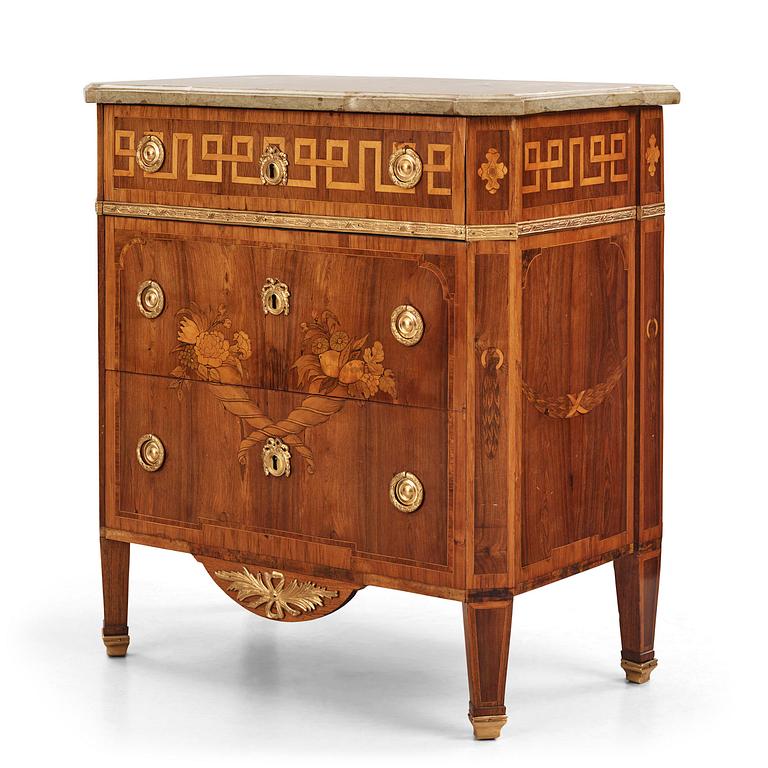 A Gustavian marquetry and gilt brass-mounted commode by G. Foltiern (master in Stockholm 1771-1804), dated 1782.