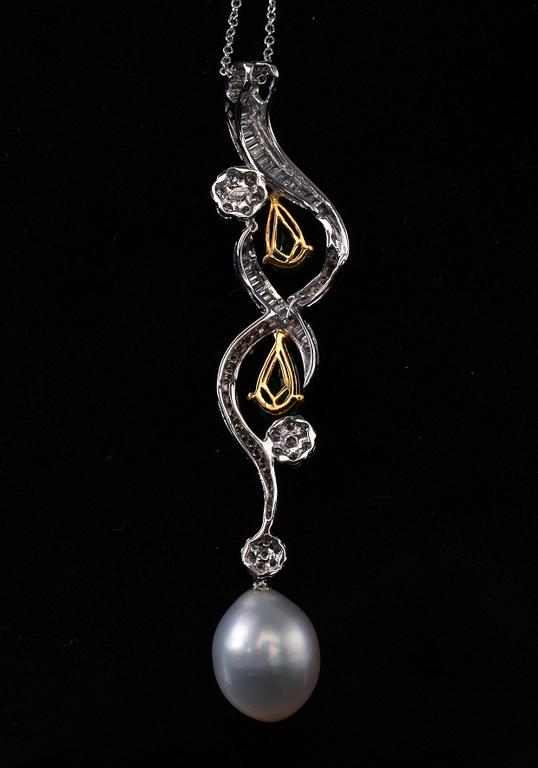 HÄNGE, Briljant- och baguetteslipade diamanter ca 2.98 ct. Kolumbianska smaragder ca 1.72 ct. Söderhavspärla  13 mm.