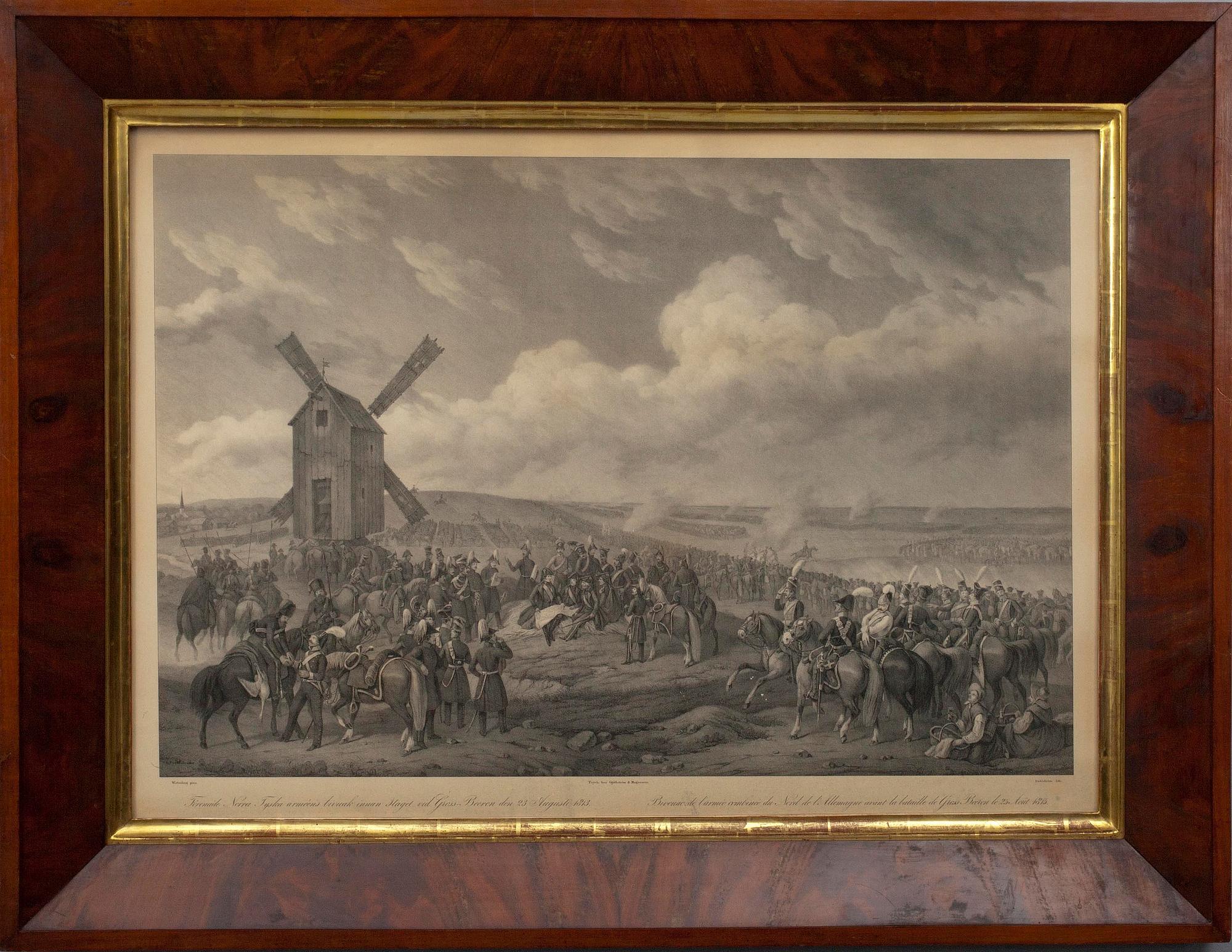 RAM, mahognyfanerad, delvis förgylld, med LITOGRAFI, 1800-talets mitt.