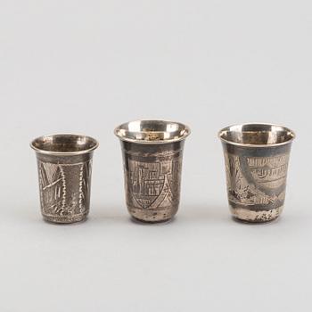 A set of nine different Russian silver vodka beakers 19th century, weight ca 327 gr.