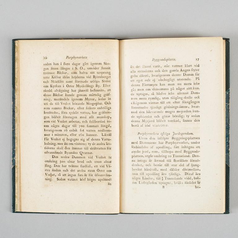 BOK. Hjelm P. J., Berättelse om Elfdals porphyrverk i Öster-Dalarna, Stockholm, C. F. Marquard, 1802.