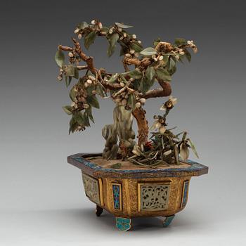 A cloisonné, nephrite, crystal and coral potted garden, Qing dynasty.