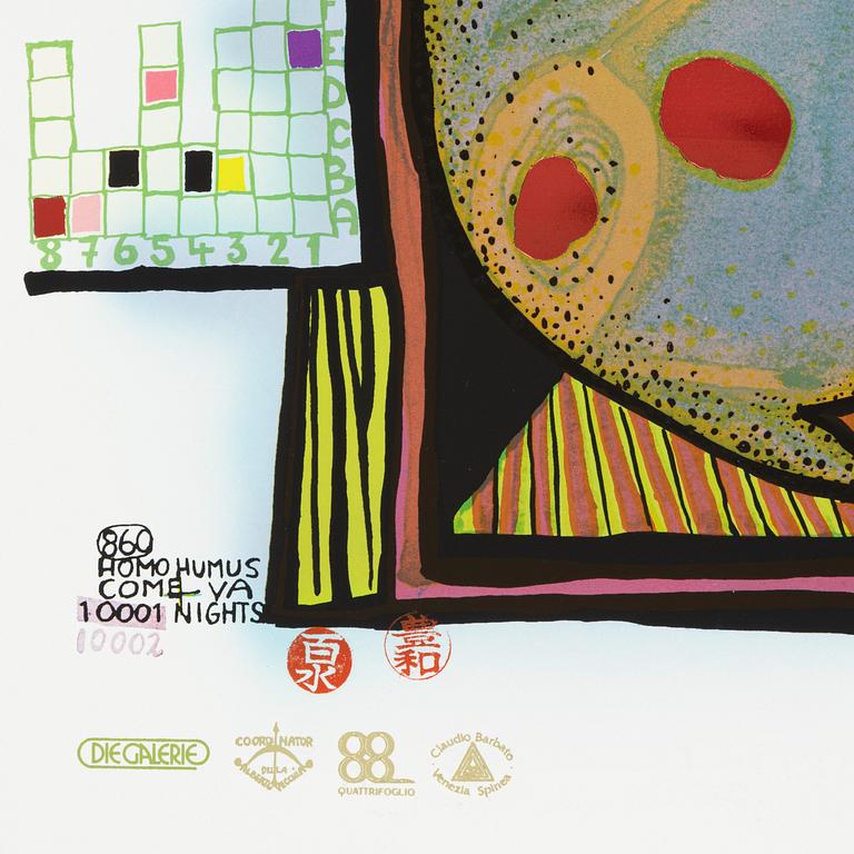 Friedensreich Hundertwasser, photo lithograph and silk screen with metal embossing, 1984. Signed and numbered 6354/10002.