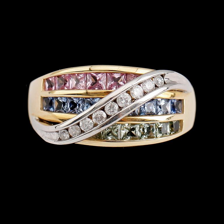 RING, 14 k guld, rosa, blå, vita safirer, briljantslipade diamanter tot ca 0.18 ct.