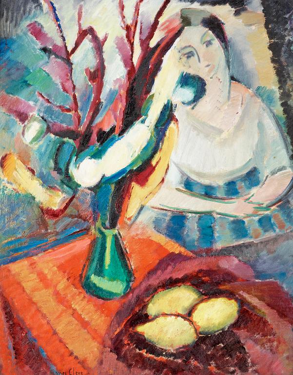 Agnes Cleve, "Stilleben med röd duk" (Still Life with Red Table Cloth).