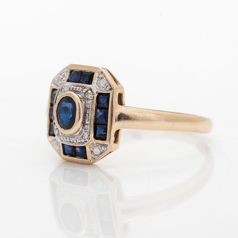 A 14K gold ring with sapphires and eight-cut diamonds. Finnish import marks 1994.
