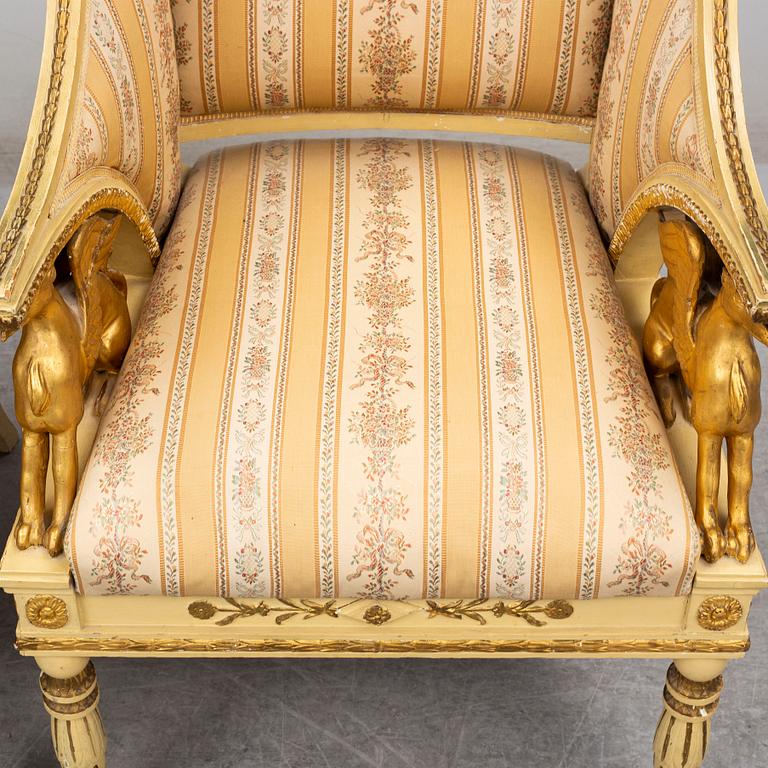 A pair of late Gustavian style armchairs, circa 1900.