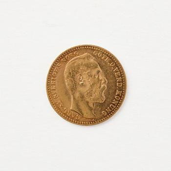 Gold coin, Charles XV, Sweden, 1 Carolin, 10 Francs, 1869.