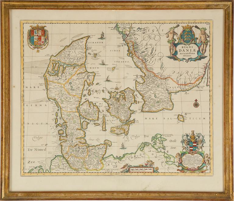 Johannes Janssonius, a hand-colured 17th Century map of Denmark and Scania.