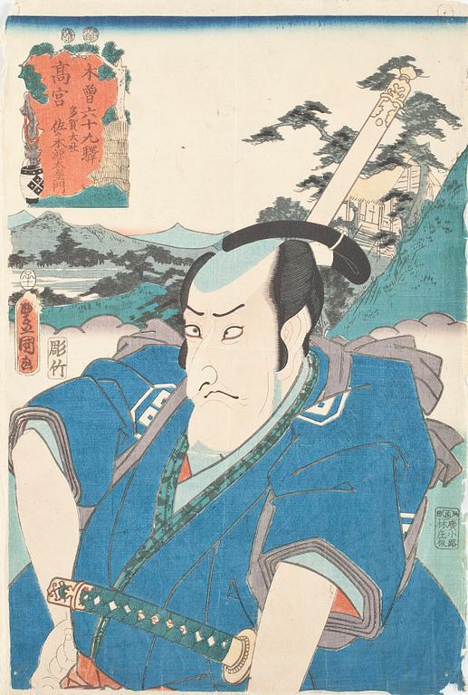 UTAGAWA KUNISADA KOCHORO TOYOKUNI III, träsnitt, 3st, Japan, 1800-talets andra hälft.