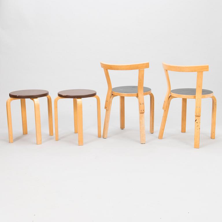 ALVAR AALTO, Two, '68' chairs and two 'E60' stools for Artek, latter half of the 20th century.