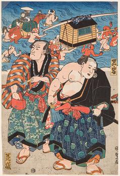 UTAGAWA KUNISADA, (1786-1864), color woodblock print. Japan, ca 1840. 'Kuroiwa and Araiso'.