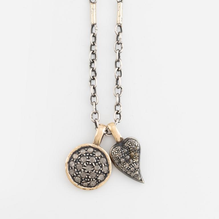 By Birdie, necklace with two pendants, silver with rose cut diamonds.
