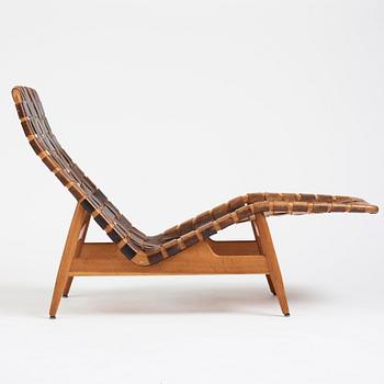 Arne Vodder, a teak chaise longue with black leather straps, Bovirke Denmark 1950's.