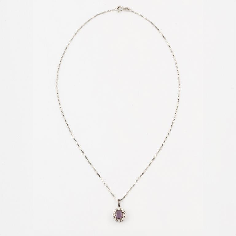 Pendant with gold chain, 
Pendant with white gold chain, 
Earrings a pair, rubies with brilliant-cut diamonds.