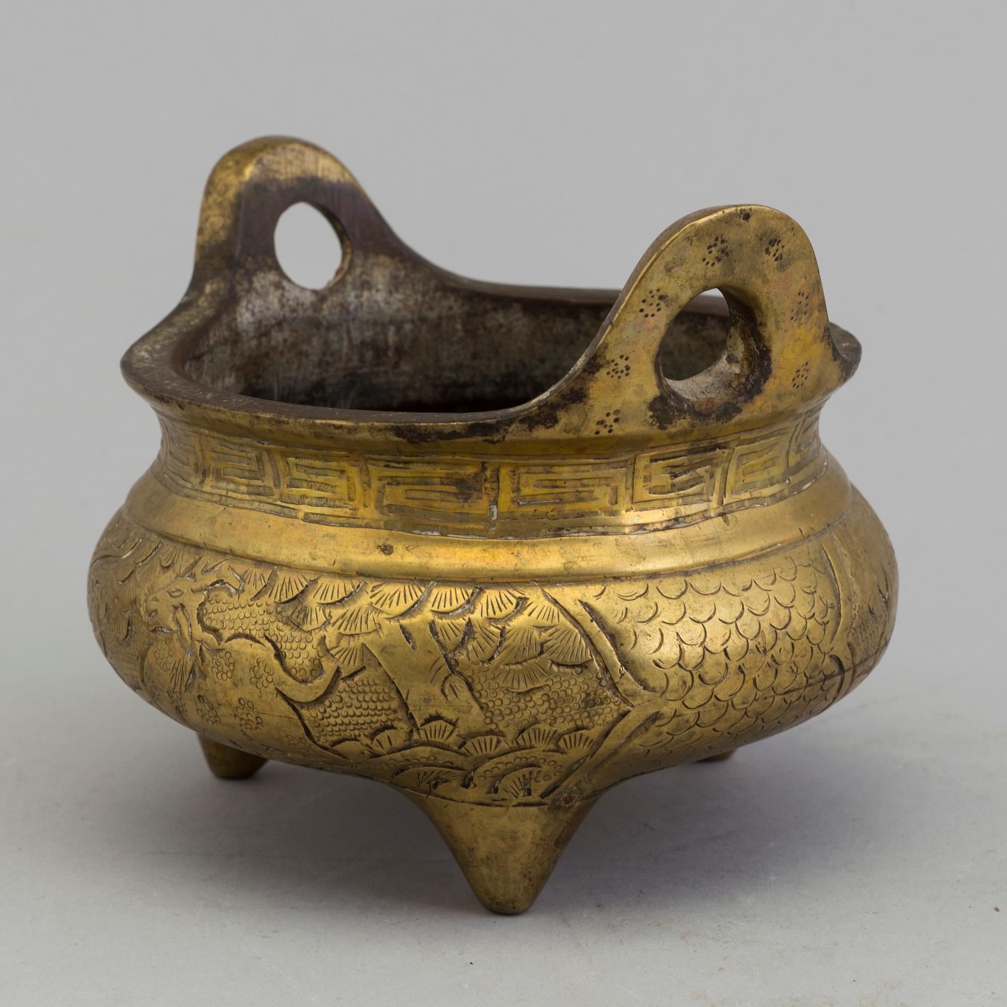 A Chinese early 20th century gilt-bronze censer, with Xuandes six character mark to the base.