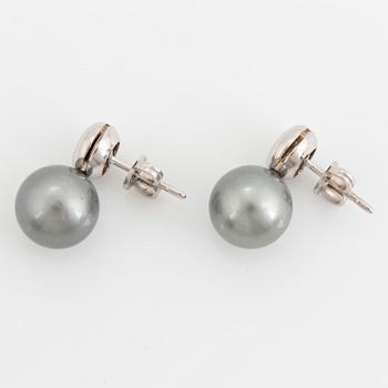 Cultured Tahiti pearl earrings with brilliant-cut diamonds.
