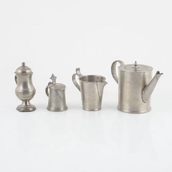 Four pewter items, various masters, 18th - 19th century.