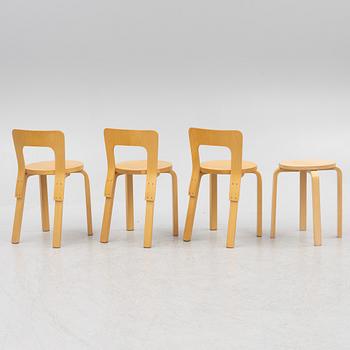 Alvar Aalto, A set of 3 model N65 chairs, and a model 60 stool, Artek, Finland, second half of the 20th century.