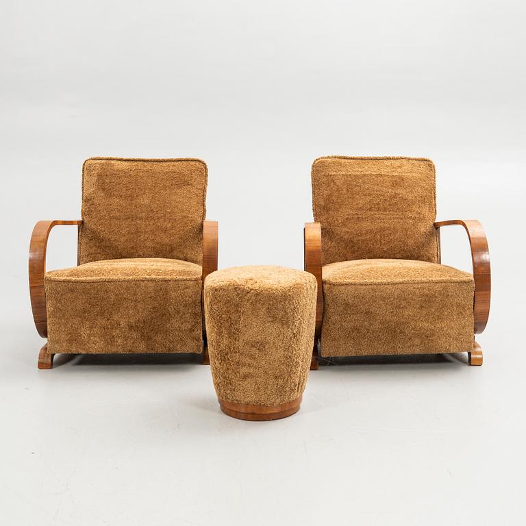 Fåtöljer, ett par, samt pall, Art-Deco stil, 1900-tal.