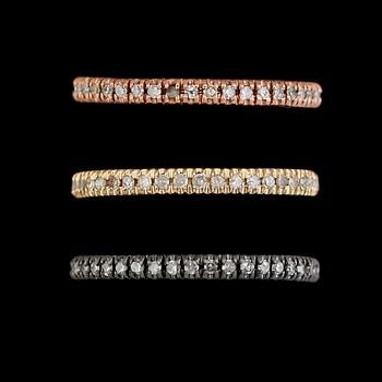 RINGAR, 3 st, 9K trefärgat guld, åttkantslipade diamanter tot ca 0.90 ct. Tot vikt ca 6 g.