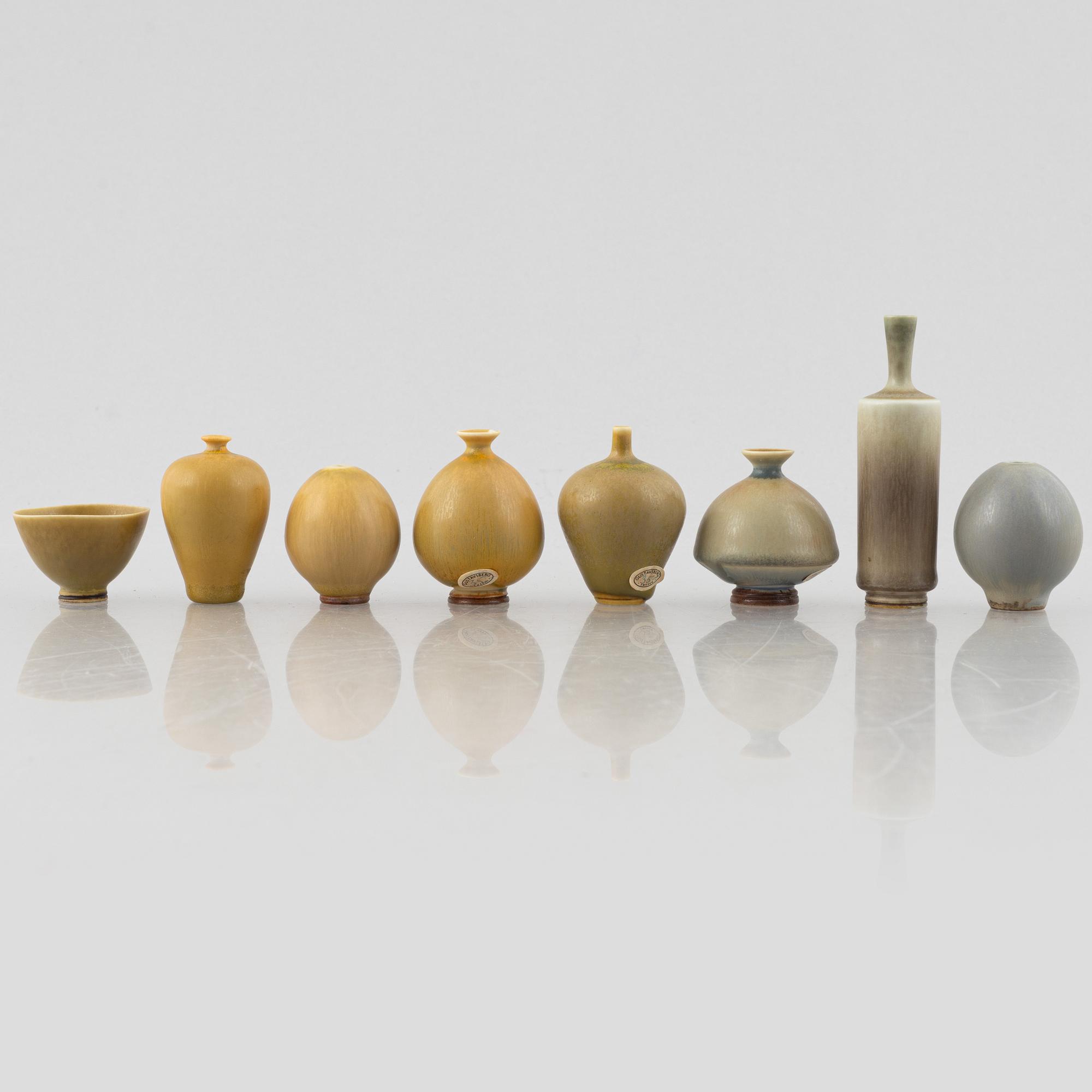 Berndt Friberg, a group of seven miniature stoneware vases and a bowl, Gustavsbergs Studio, 1957-70.