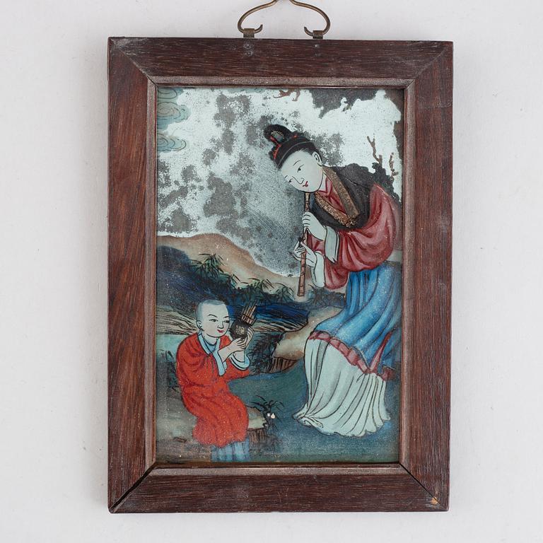 Five Chinese reverse glass paintings, 20th century.