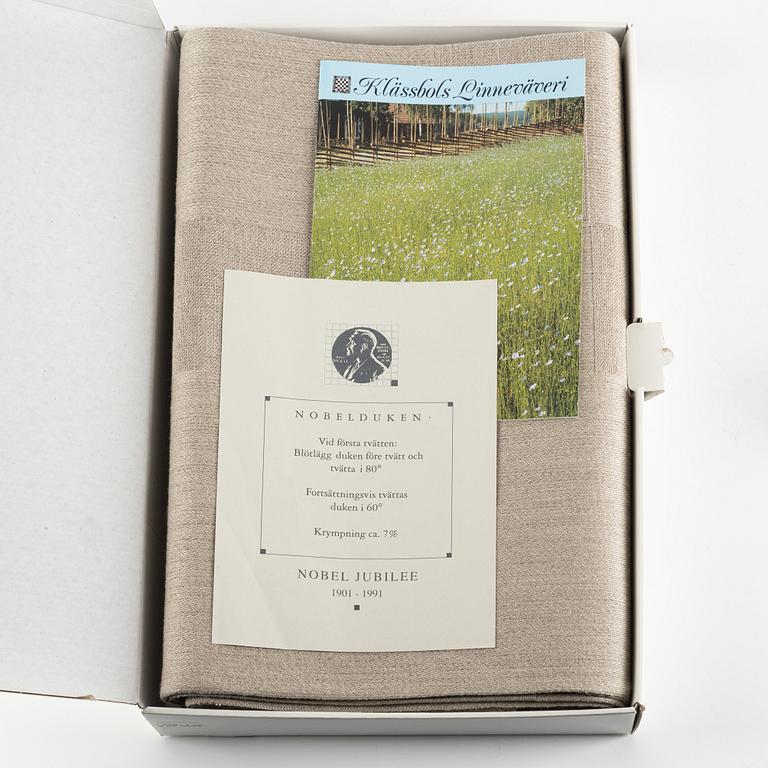 The Nobel tablecloth, a set of six napkins by Ingrid Dessau for Klässbol, Sweden.