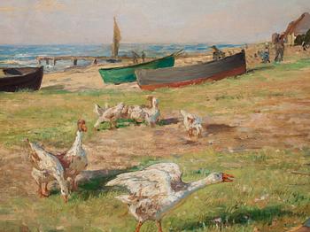 Carl Trägårdh, Girl with geese on a beach.