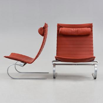 Poul Kjaerholm, A pair of 'PK-20' steel and brown leather easy chairs, Fritz Hansen, Denmark 1995.