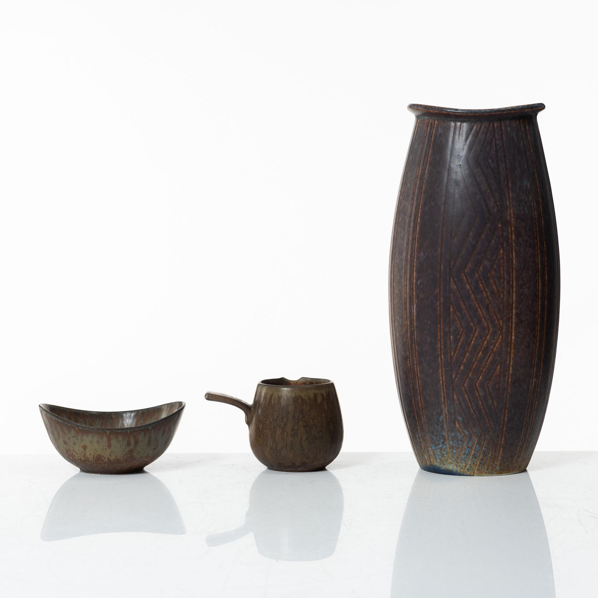 Gunnar Nylund, a stoneware vase, a bowl and a creamer, Rörstrand.