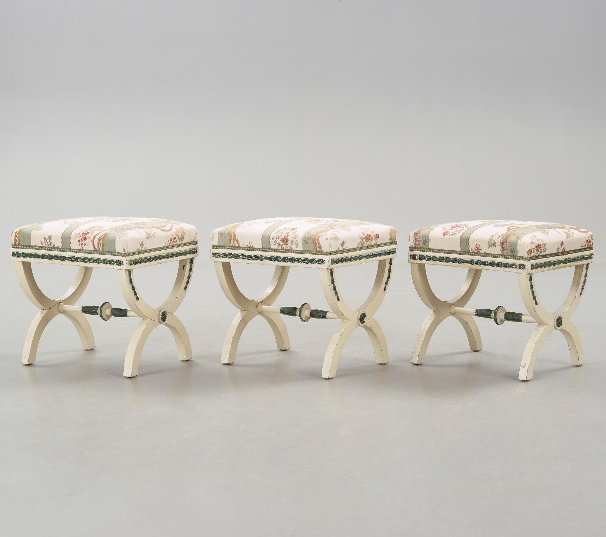 Three painted late gustavian stools c. year 1800.
