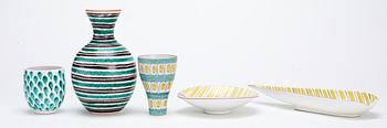 Three Stig Lindberg faience vases and two dishes, Gustavsberg studio 1940's-50's.