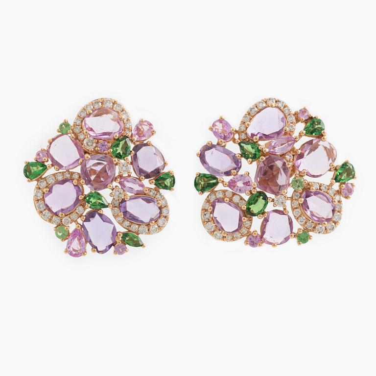 Pink sapphire, tsavorite and diamond earrings.