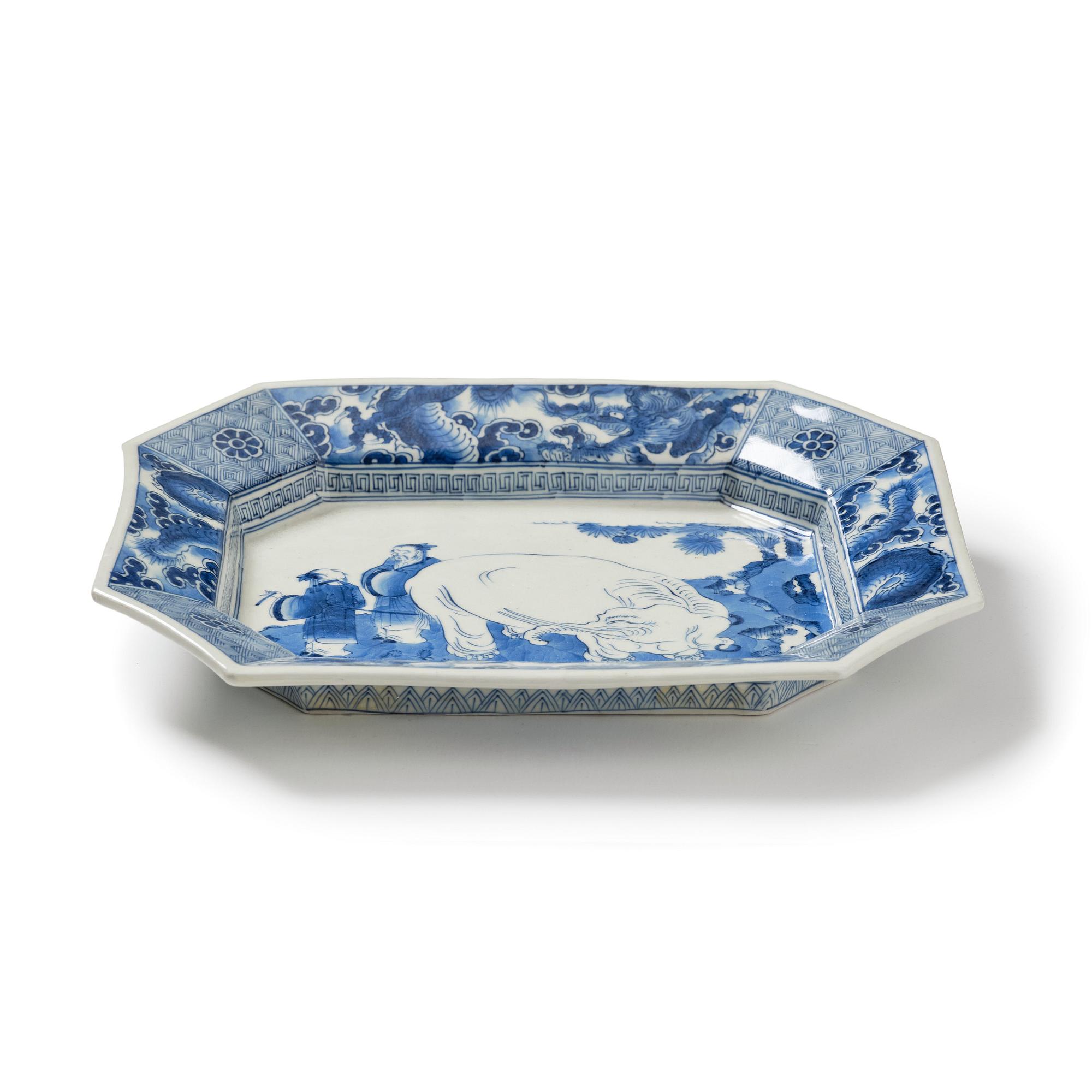 A blue and white dish with an elephant, Japan, 19th Century.