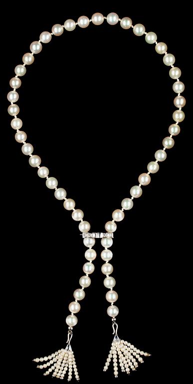 A cultured pearl and diamond necklace.