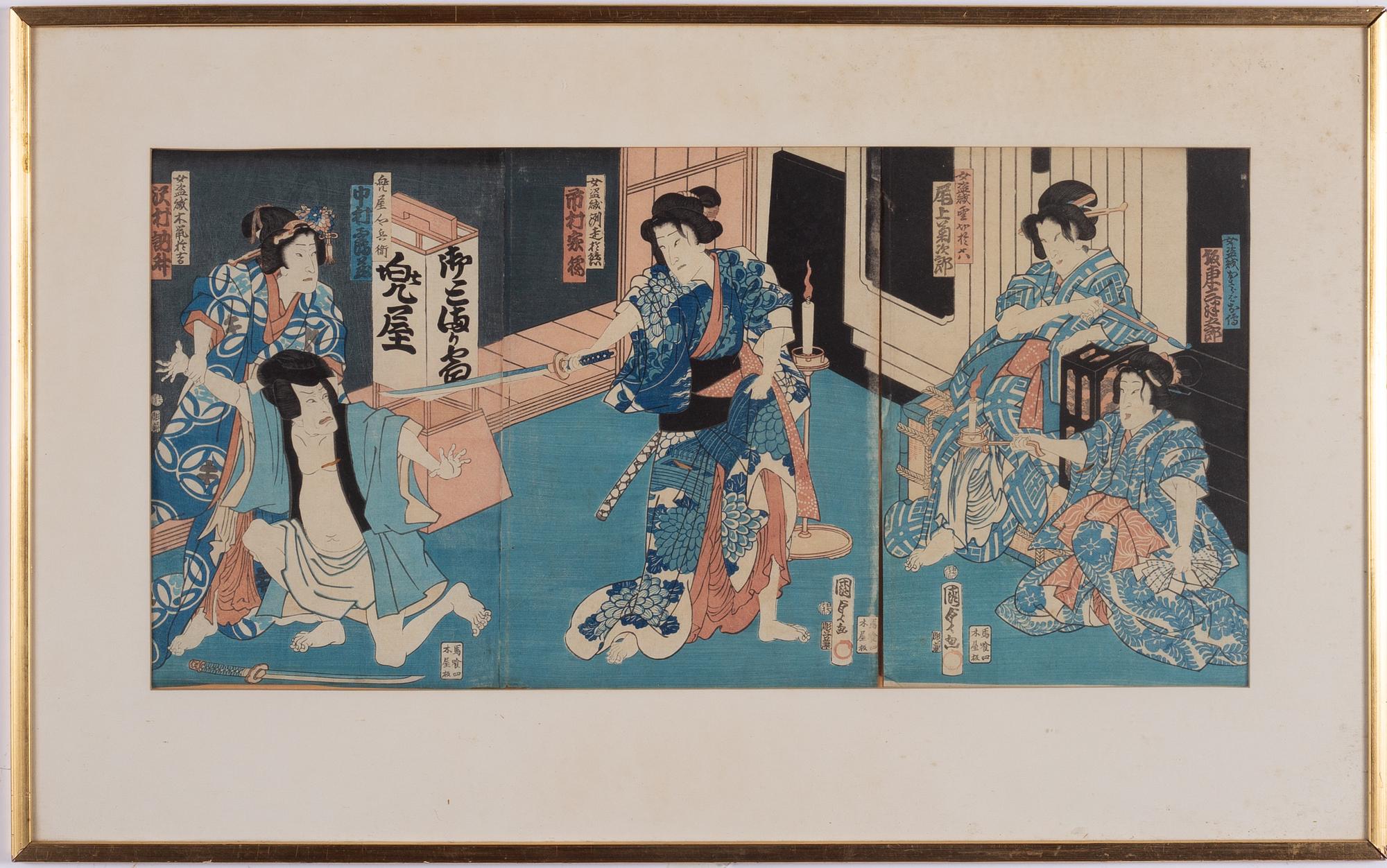 Utagawa Ii Kunisada, Triptyk och diptyk, träsnitt, Japan, Kabukiscener.