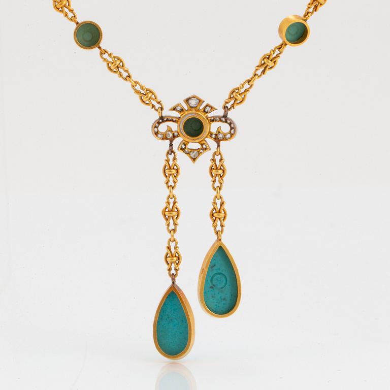 Collier 18K guld och platina med turkoser samt gammal- och rosenslipade diamanter.