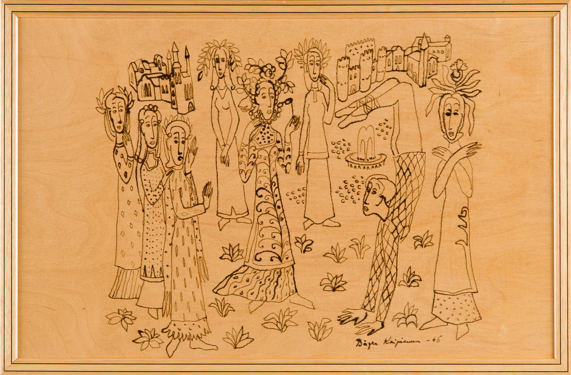 Birger Kaipiainen, piirros, tussi vanerille, signeerattu ja päivätty -46.